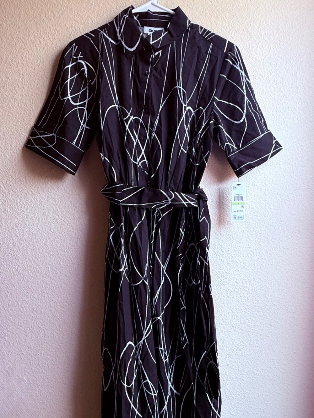 NWT DKNY Women's Black White Abstract Cotton Midi Shirt Dress Size 4 - Picture 1 of 15